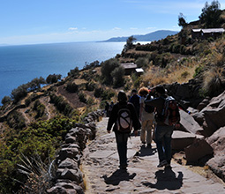 Tourists on the Island of Taquile and Lake Titicaca